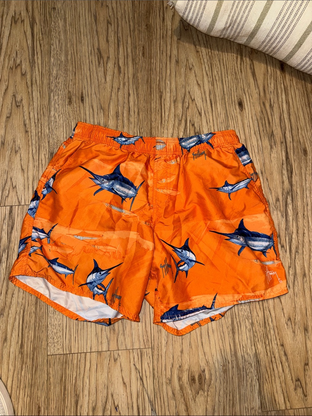 Guy Harvey Orange Swim Trunks with Blue Marlin Print L